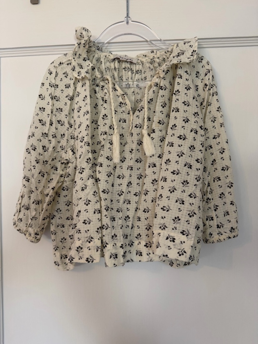 Caramel Cream Blouse with Black Floral Print
